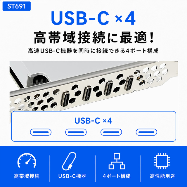 ST691 USB-C 4ポート 高帯域接続向け PCIe USB拡張カード