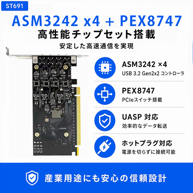 ST691 ASM3242 x4 PEX8747搭載 産業用途向けUSB拡張カード基板